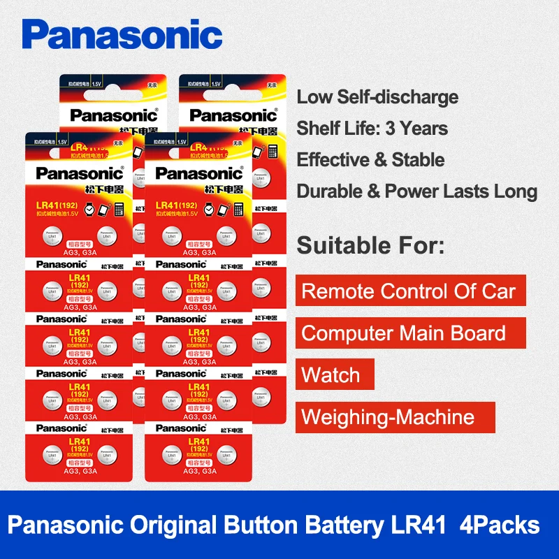 Батарейки Panasonic LR41 кнопочные 40 шт./4 упаковки 100% оригинальные SR41 AG3 G3A L736 192 392A Zn/MnO2 1 5