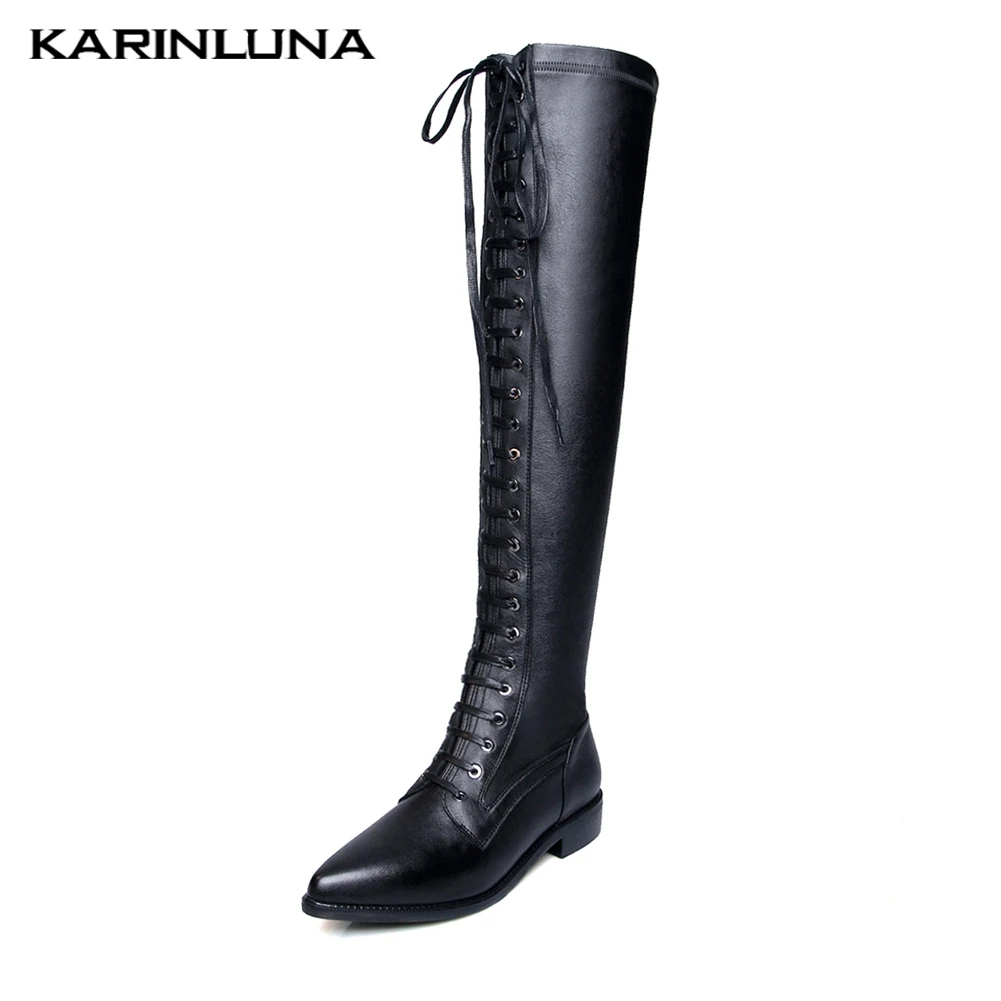 

Brand design genuine leather pointed toe summer stretch boots woman shoes chunky heel lace up shoes woman female riding boot