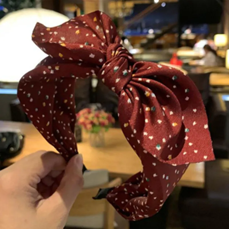 

Wine Red Dots Print Bow Headband for Women Hair Accessories Big Bow Knotted Center Hairband Lovely Rabbit Ear Girls Headband New