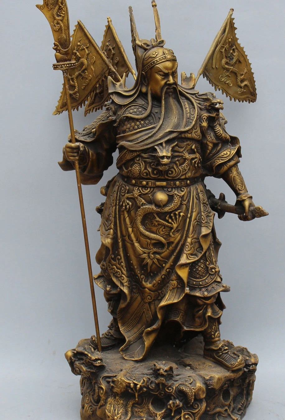 

22" Chinese Bronze 9 Dragons GuanGong Guan Gong Yu Hold Sword Knife Statue