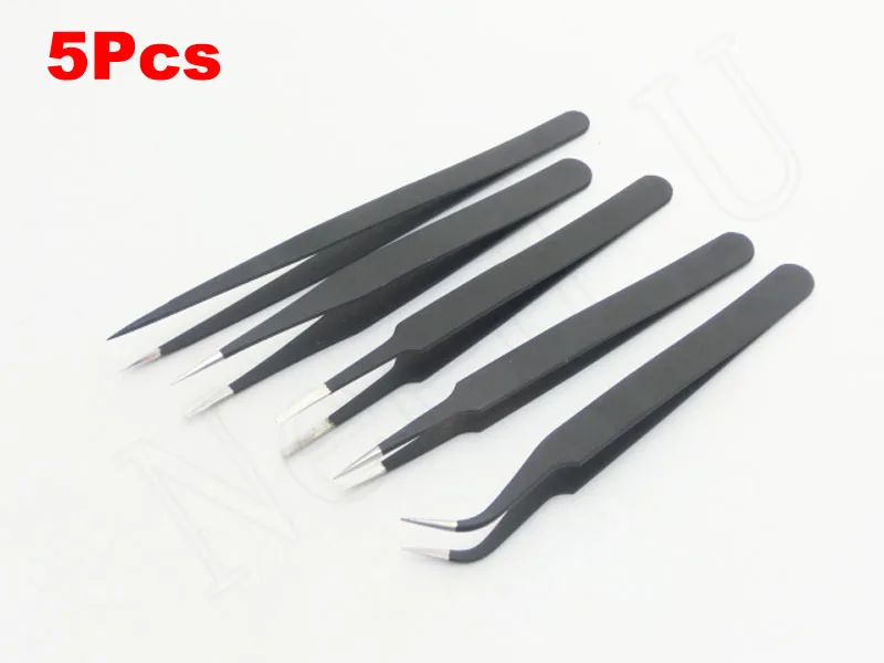 Black stainless steel tweezers 5 in 1 set combinationsteel capped
