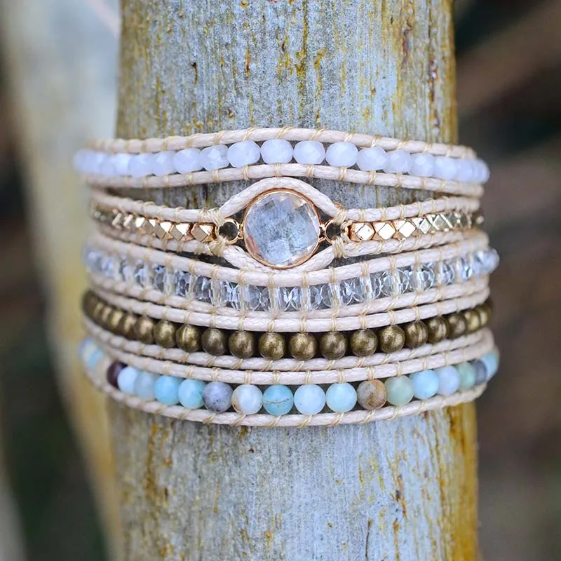 

New Crystal Vegan Bracelet Natural Stone 5 Strand Woven Bracelet For Gifts Bohemia