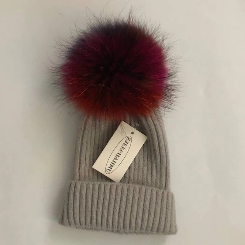 Children Light Drey Повседневные помпоны из натурального Лисьего меха и норки, 15 см, Skullies Beanies, шапки для женщин и девушек, зимние шерстяные теплые шапки Skullies Beanies, шапки, Новые шапки - Color: Children Light Drey