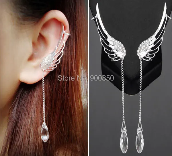 

Silver Angle Wing Earrings For Women Ladies Rhinestone Angel Wing Crystal Earrings Drop Dangle Ear Stud Cuff Clip Earrings Gift