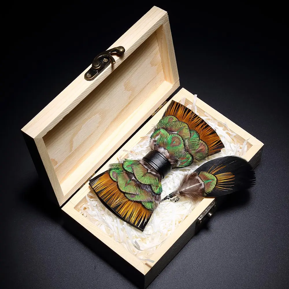 KAMBERFT дизайн ручной работы галстук-бабочка с перьями Брошь деревянная коробка набор высокого качества мужской галстук-бабочка кожаный