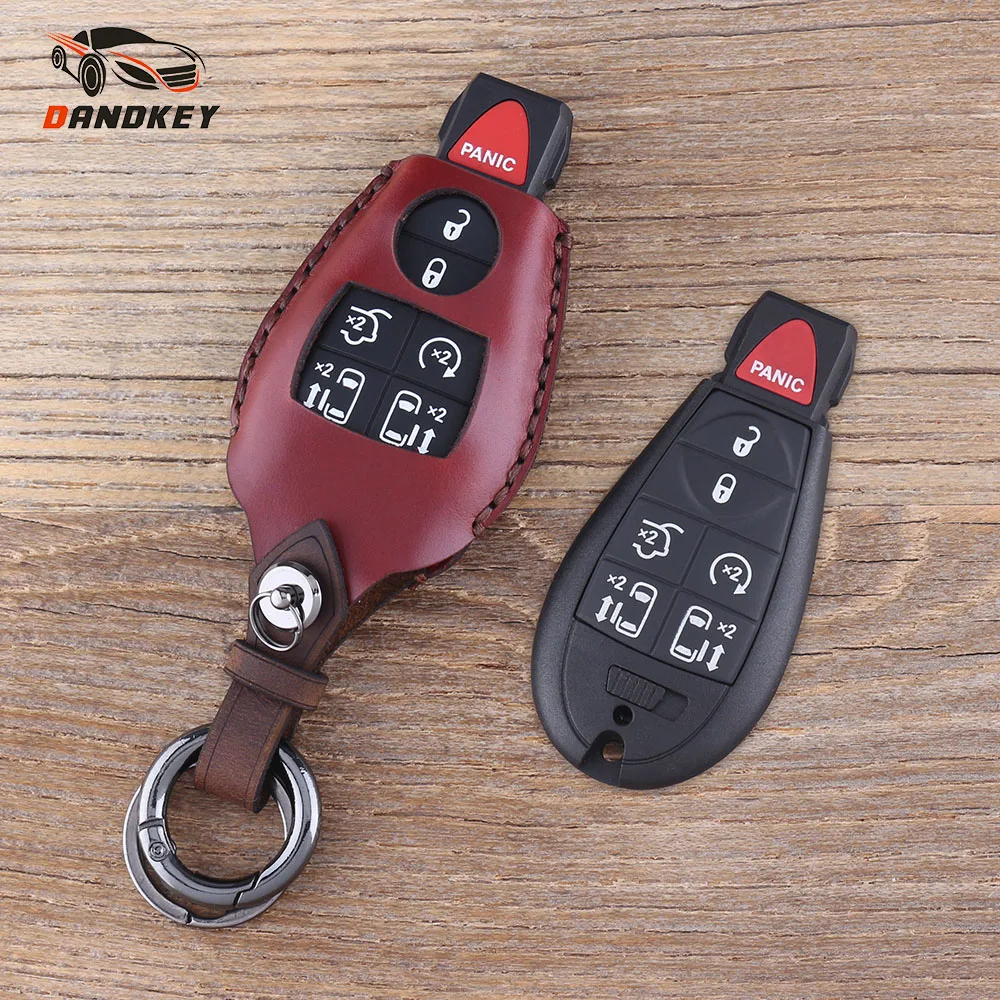 DANDKEY Genuine Leather Protector Key Case Cover FOB Holder For Chrysler Town & Country 6 +1 Panic Dodge Grand Caravan