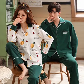 

Spring Autumn 100%Cotton Couple Pajamas Set Long Sleeve Turn-down Collar Comfortable Soft Loose Plus Size M-3XL Lovers Homewear