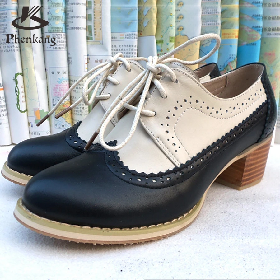 

Genuine leather shoes women US size 9.5 handmade black beige lace up pumps 2017 England College Style oxford shoes for women