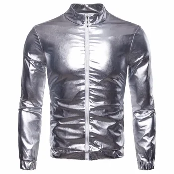 

Silver Metallic Bomber Jacket Men Mandarin Collar Shiny Night Club Baseball Varsity Jacket Men Casual Slim Fit Mens Jacket Coats