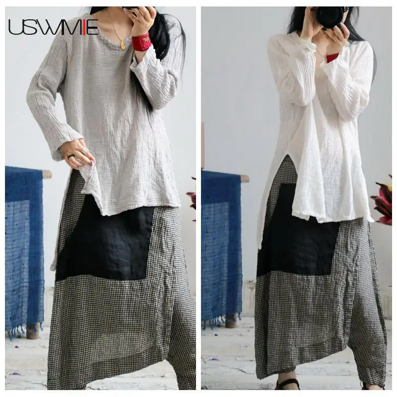 

USWMIE 2018 Summer Women Blouses New Literature Joker Simple V-neck Solid Color Shirt Irregular Hem Breathable Plus Size Tops