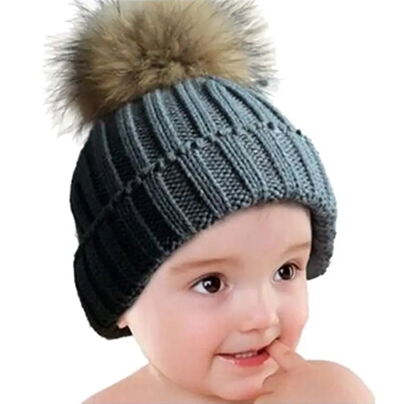 2018 Wool Knitted Beanies Baby Boys Girls Real Racoon Fur Pompom Hats