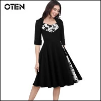 OTEN Сексуальное Женское модное платье с v-образным вырезом и рукавом средней длины, с рюшами спереди, черно-белое Повседневное Платье До Колена, плюс размер 3XL, платье