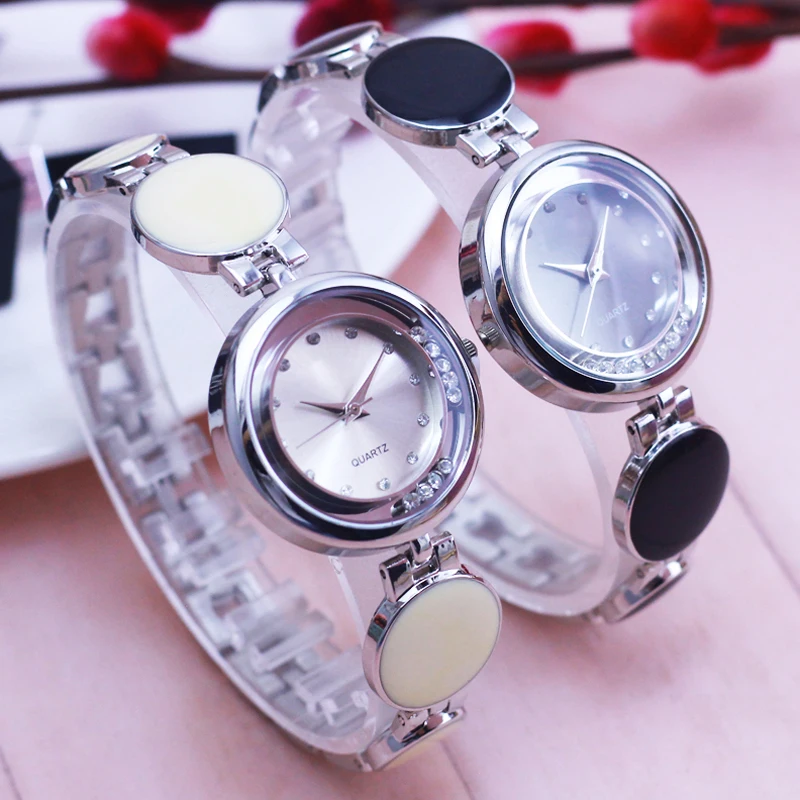 

2018 women ladies rotating diamond high quality quartz dress white black hand catenary watches girls fashion relog mujer clock