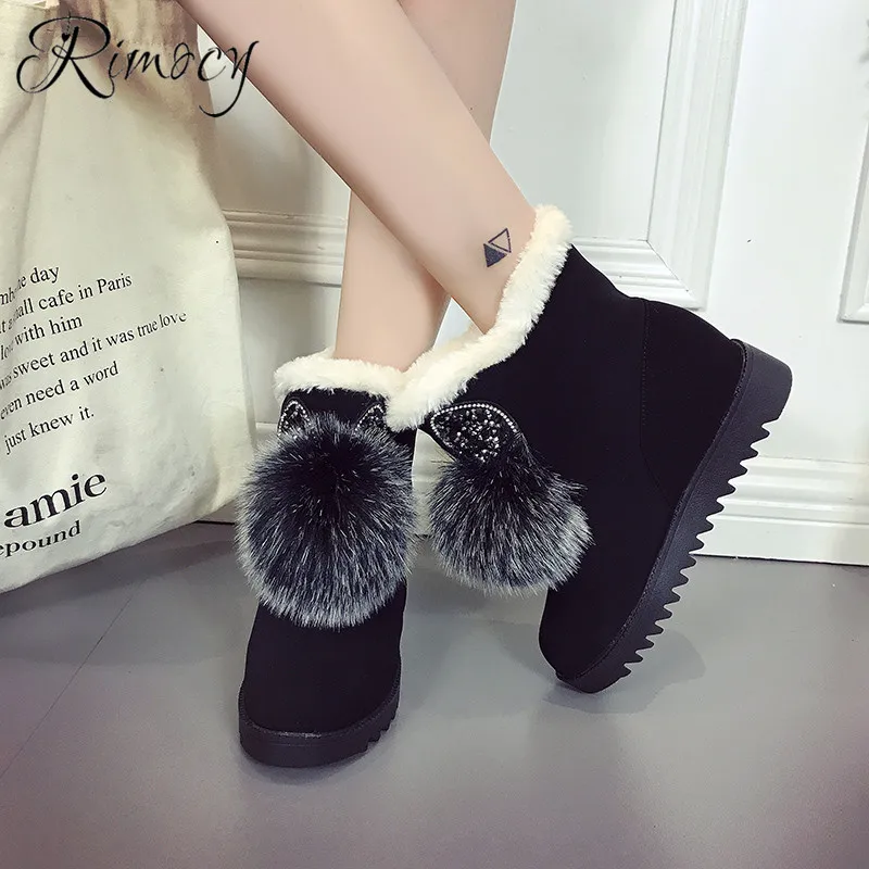 

Rimocy fashion faux fur ball snow boots ladies flat heels ankle boots for women plush inside botas mujer winter new shoes woman