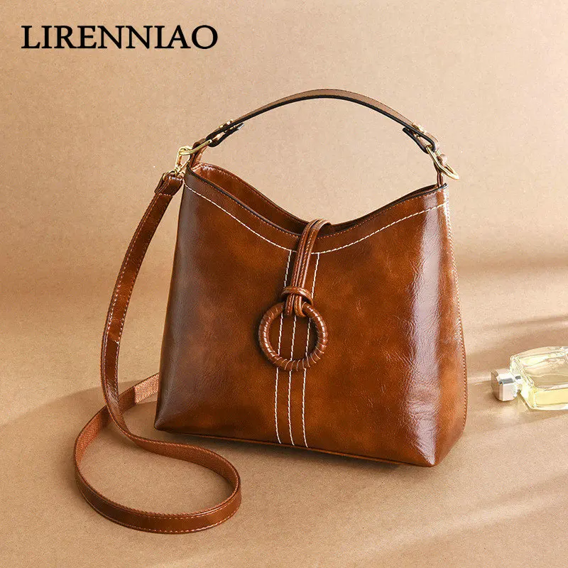 

LIRENNIAO Quality Oil Wax Leather Handbags Ladies Soft Leather Tote Hand Bags Female Designer Shoulder Bags For Women