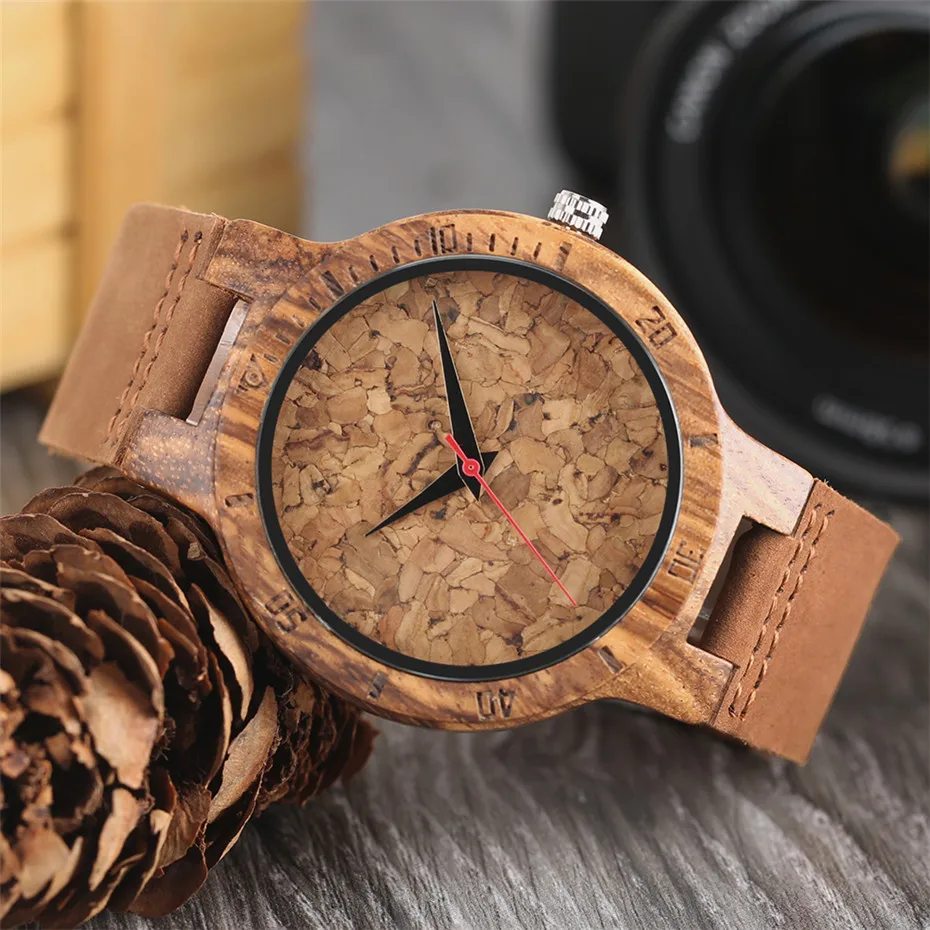 YISUYA Creative ZebraCork SlagBroken Leaves Face Nature Wood Watch Men Genuine Leather Strap Analog Women Bangle Wristwatch (21)