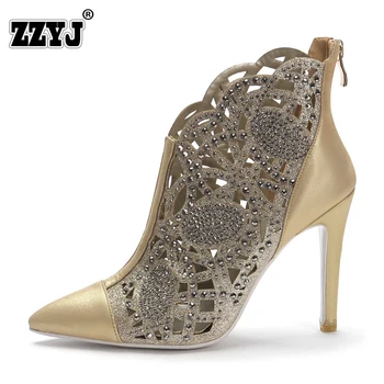 2017 Genuine leather Women shoes fashion sexy Pumps Summer short boots Genuine leather gladiator High heels Gold silver A07