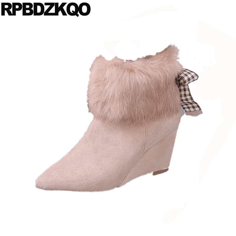 

Ankle Pink Furry High Heel Booties Bow Winter Pointed Toe Real Fur Shoes Suede Brand Women Boots Genuine Leather Plaid Wedge