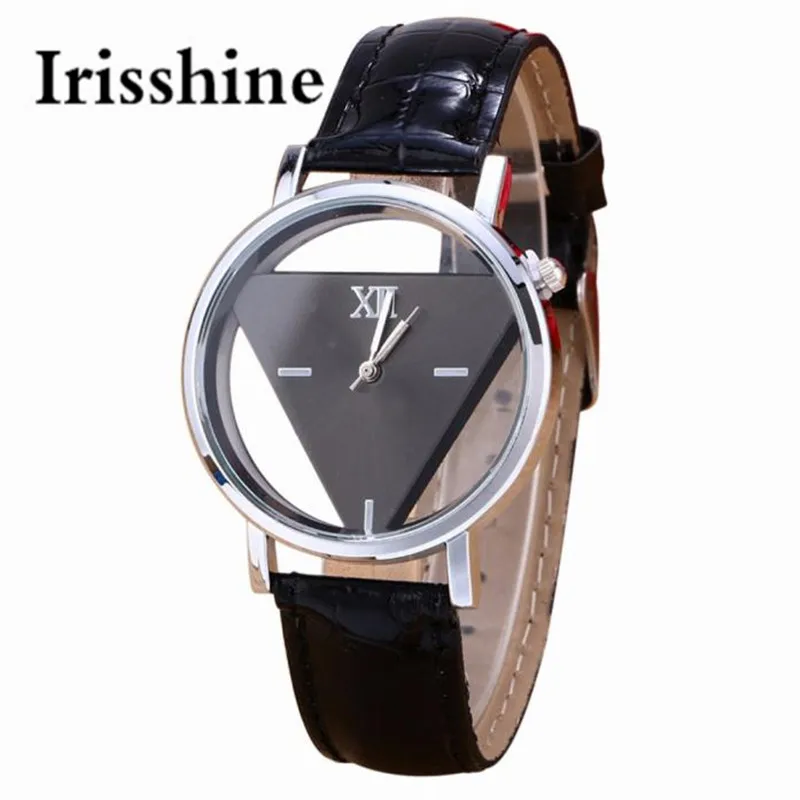 Irisshine i0685 унисекс часы мужские женские ПУ кожа Сплав уникальный выдолбленный треугольный циферблат черный модные часы подарок - Цвет: Черный