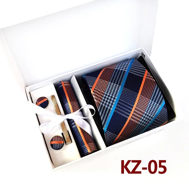 Клетчатый Мужской комплект галстуков свадебный платок запонки зажим для галстука вечерние галстук карман квадратная коробка подарок - Цвет: KZ05