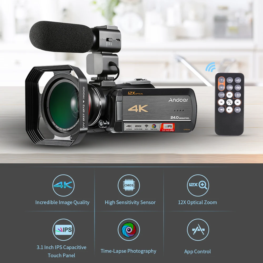 Andoer AC5 4K UHD 24MP Цифровая видеокамера регистратор + 0.39X широкоугольный объектив