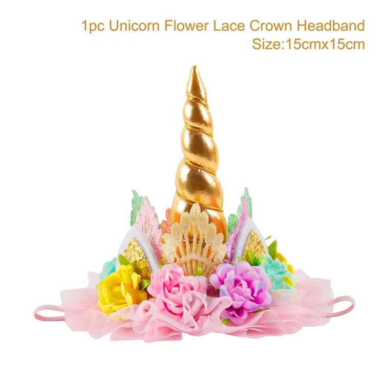gold crown QIFU 1 шт Золотая Корона С Днем Рождения украшения для вечеринки дети кружева цветок корона Единорог вечерние шляпы серебряные аксессуары для волос, корона - Цвет: gold crown