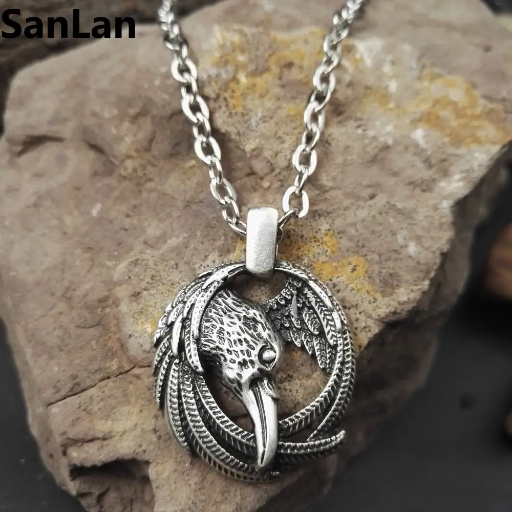 

vikings pendant necklace norse raven pendant necklace odins pendant huginn and muninn unisex jewelry 50cm metal chain SanLan