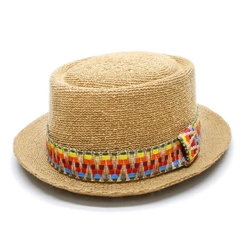 

LUCKYLIANJI Retro Women's Men's Polyester Dome Flat Cap Sun Beach Jazz Pork-pie Hat Round Top Cap Vintage Braided Band (56-58cm)