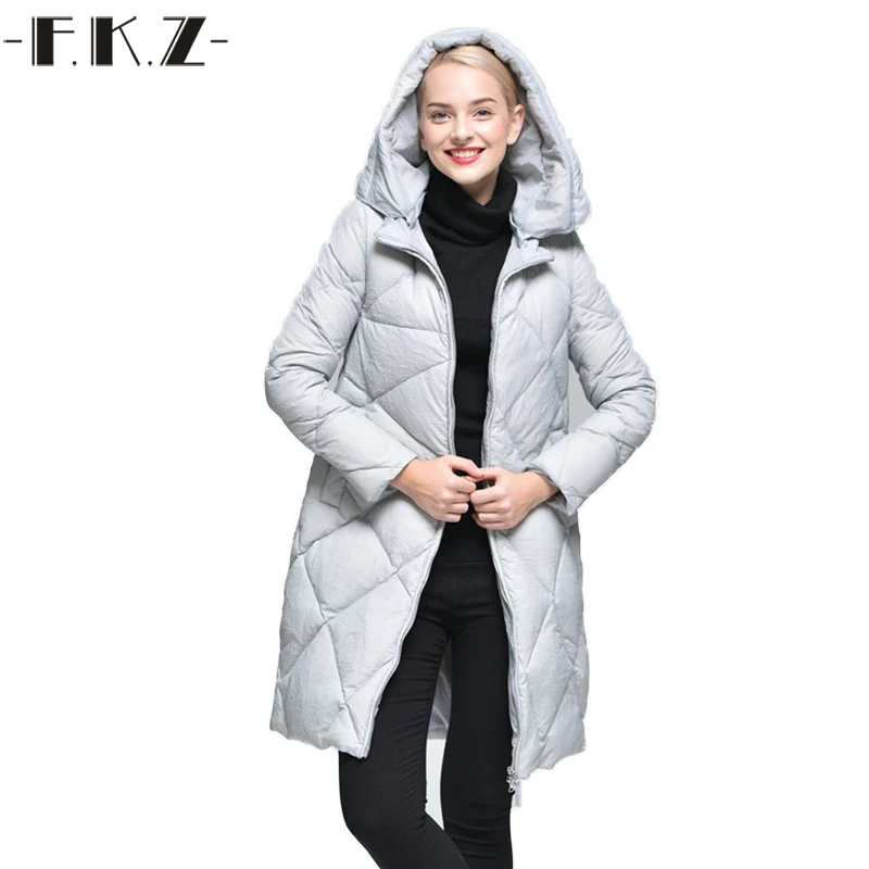 FKZ Winter Down Coats Women Solid Color Duck Down Jacket Long coat