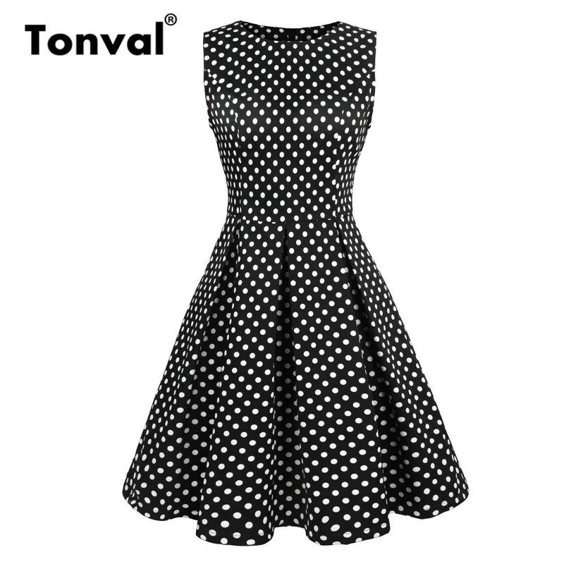 

Tonval Black Elegant Polka Dot Casual Summer Dress Pleated Vintage Office Lady Dress Women High Waist Sleeveless Dresses