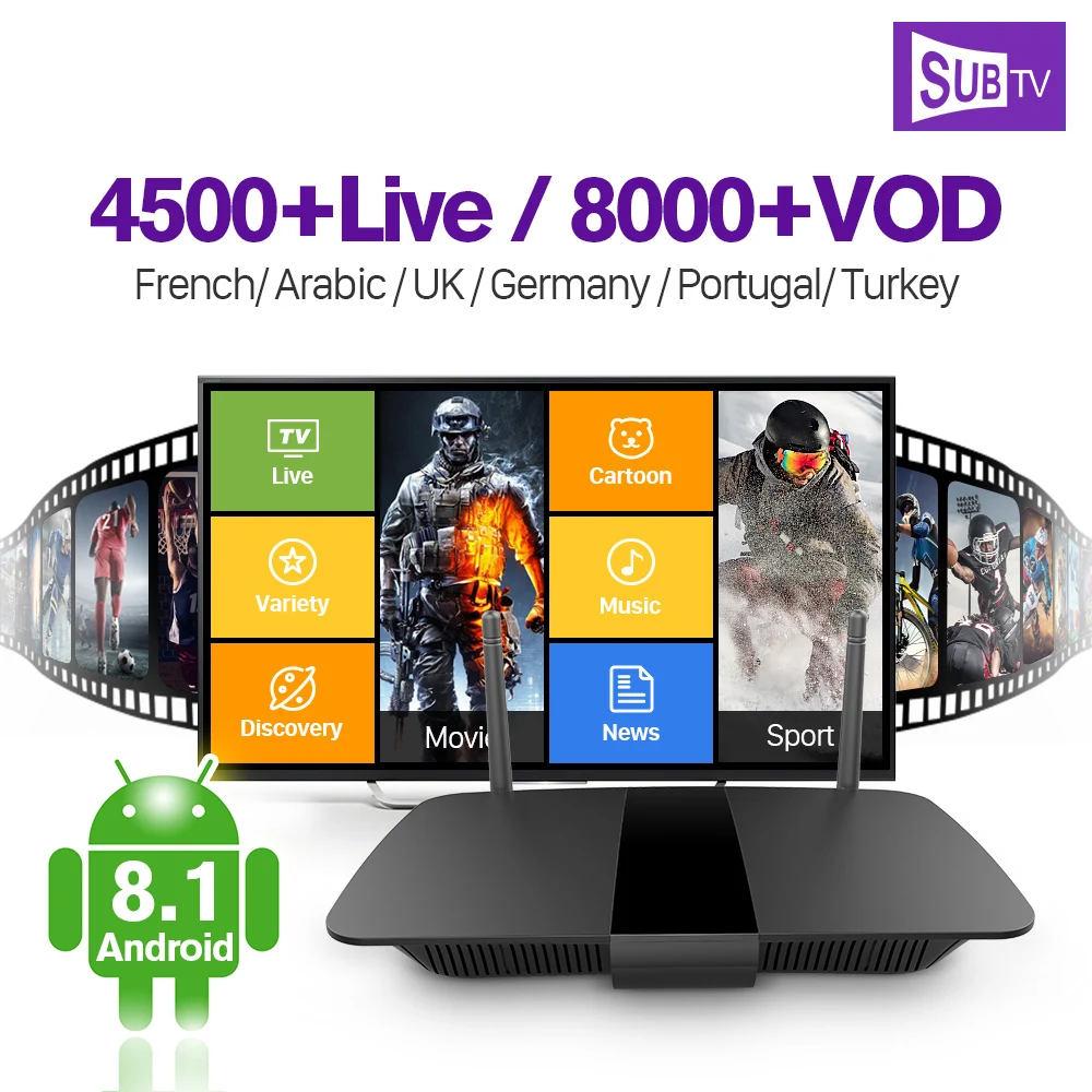

IPTV French Box Android 8.1 Set Top Box With SUBTV IPTV Subscription Box IPTV French Arabic Belgium Portugal Turkey Italia