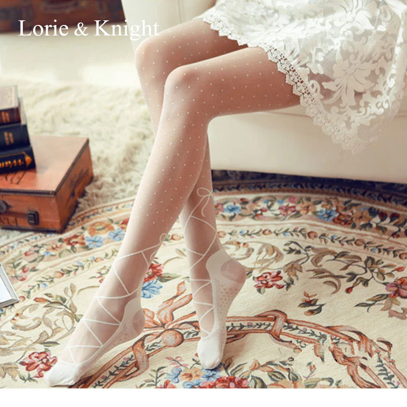 

Vintage Princess Lolita Girl Black/White Lace-up Bow Polka Dot Sheer Tights