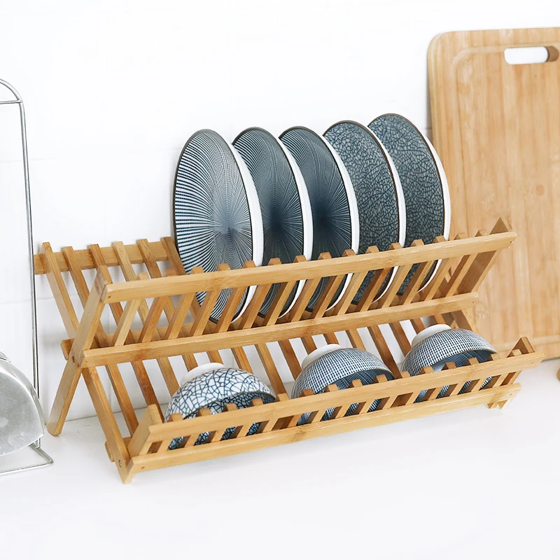 Double folding dish drainer drip tray dish rack kitchen shelf home