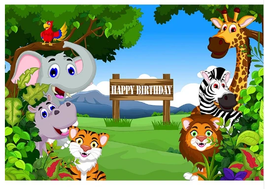 7x5FT Happy Birthday Safari Jungles Party Baby Elephant Lion Zoo Custom Photo Studio Backdrop Background Vinyl 220cm x 150cm | Электроника