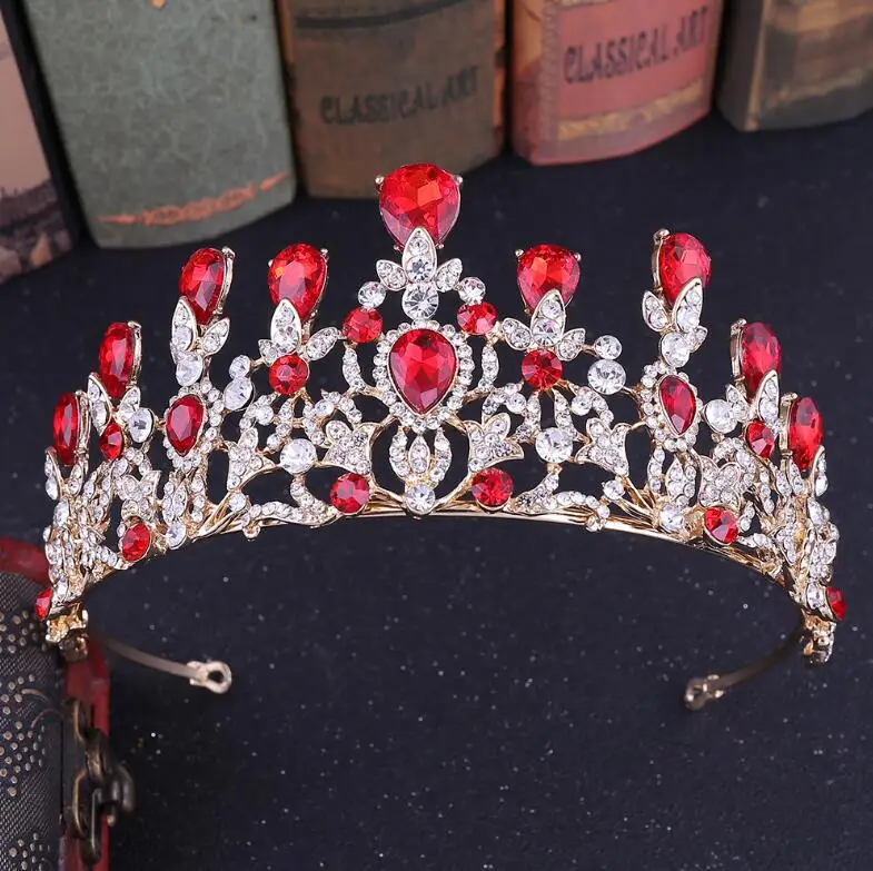 KMVEXO Роскошный Розовый кристалл лист свадебная корона Королева Тиара невесты повязка в виде короны свадебные аксессуары диадема Свадебный орнамент для волос - Окраска металла: Red