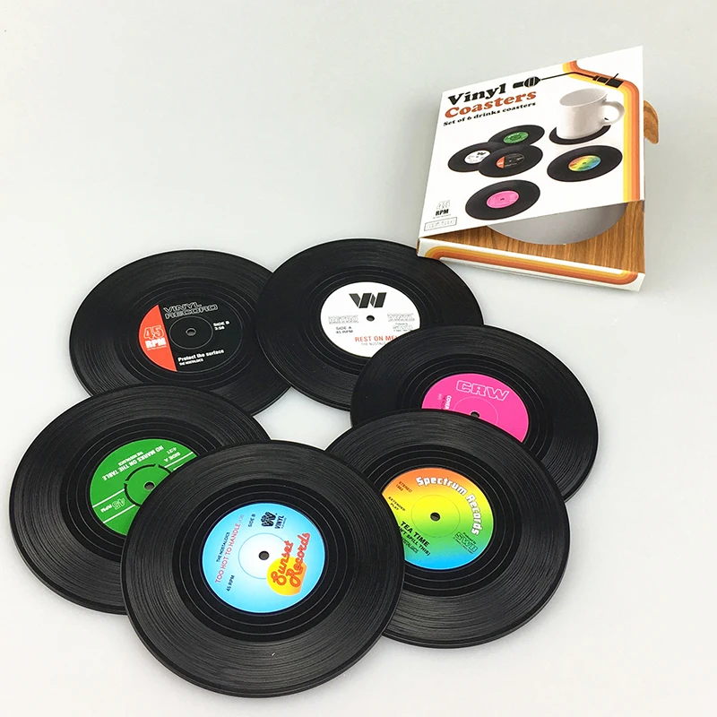 6pcs/set Retro Vinyl Record Coasters Nonslip placemats&Pads Coffer