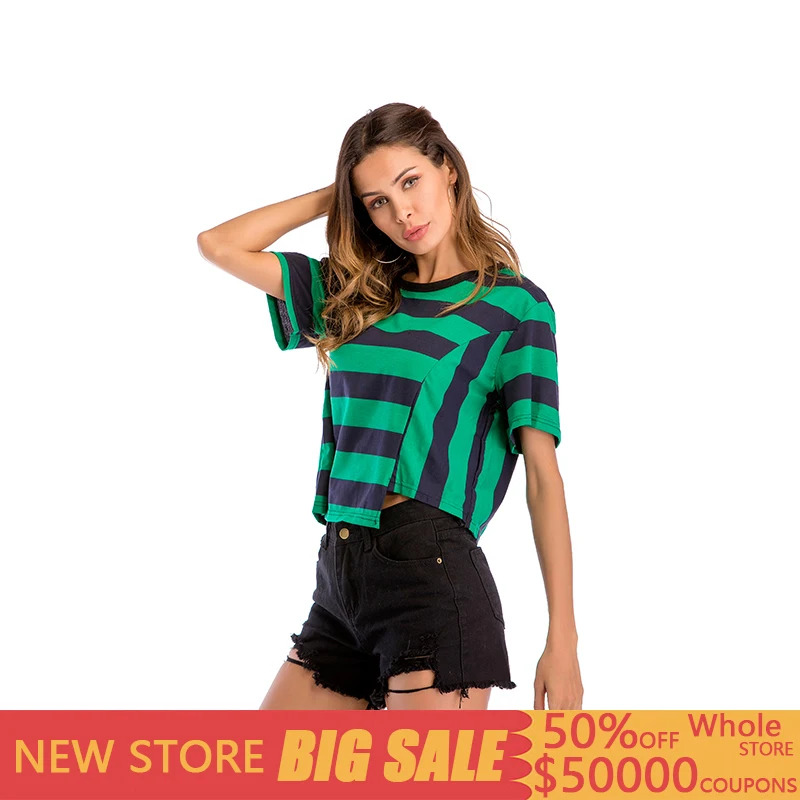 

Green Red Big Bat Sleeve Tshirt 2019 Summer New Irregular Striped Loose Woman Top Clothes Tee-Shirt Camisetas Mujer Manga Corta