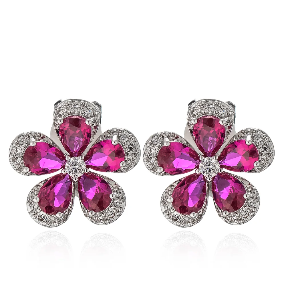 Viennois Flower Stud Earrings For women Green/ Black/ Red Color Zircon Earrings Fashion Jewelry