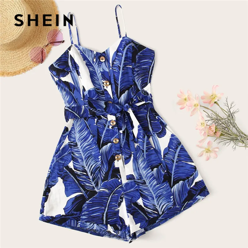 

SHEIN Navy Jungle Leaf Print Button Up Belted Rompers Womens Jumpsuit Boho Sleeveless V neck Summer Mid Waist Wide Leg Jumpsuit