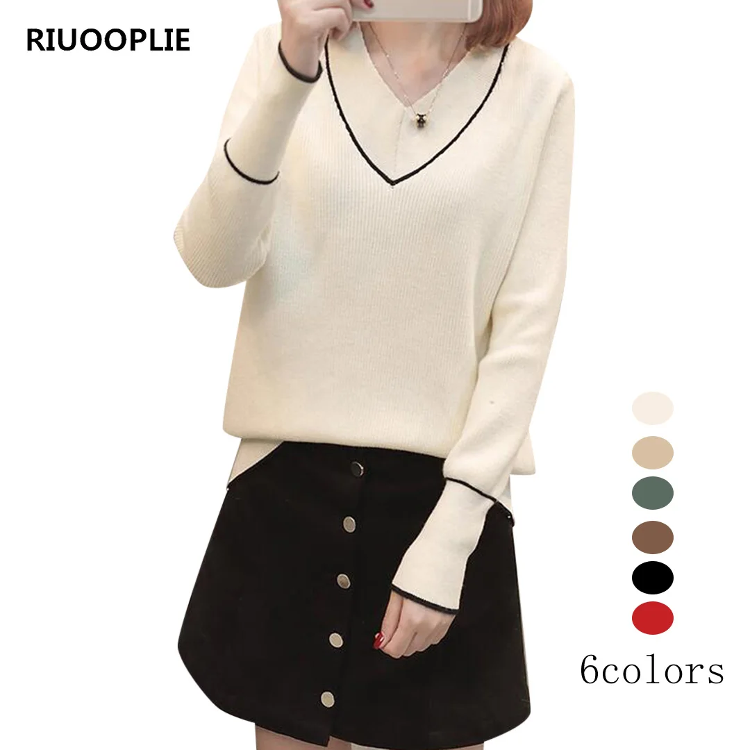 

RIUOOPLIE Casual Loose Women V Neck Pullover Knitwear Long Sleeve Sweater Korean Style