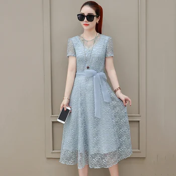 

Summer Women Dresses 2018 New Fashion Chiffon Dress Women Mid long Temperament Short-Sleeve Pure Color V-Neck Lace Female Dress
