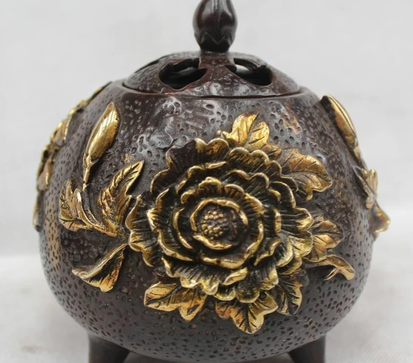 

7"China Chinese Dynasty Palace Bronze Gild lotus flower Incense Burner Censer