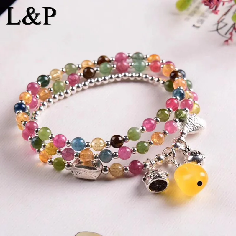 

Fashion New Bracelet Natural Gemstone Beaded Bracelet For Women Natural Tourmaline With Pure Silver Charms Gift Charm Jewelry