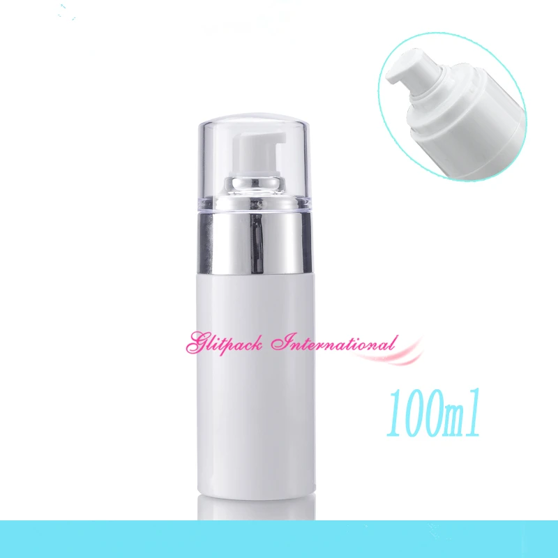 

30pcs 100ml cosmetics refillable bottles for lotion cream foundation plated silver pump dispenser bottles for facial cleanser