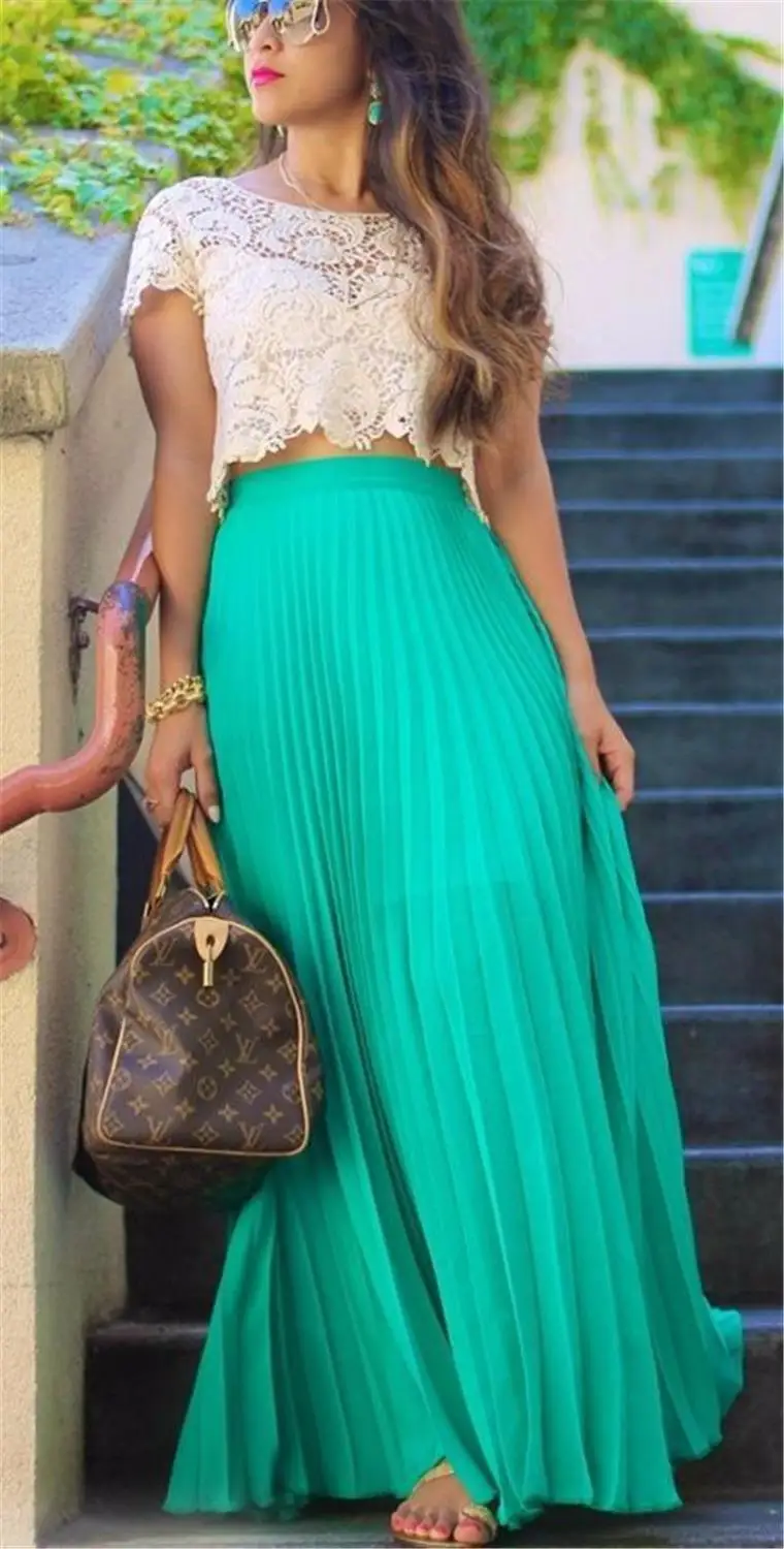 Элегантный пол Длина Юбки Мода Длинные шифон Для женщин юбки индивидуальный заказ онлайн Шифоновая юбка изысканный Шифоновая юбка - Цвет: Зеленый