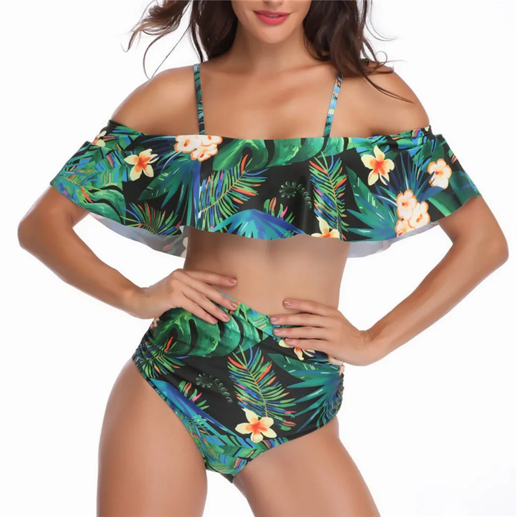 

Perimedes Women Padded Ruffles bikini set Leaves Print celebrity style Beach High Waist knotted Suit Bikini Swimwear Plus#g40