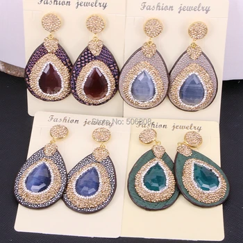 

5Pairs Zyunz Mix Color Opal Cat Eye Stone & Leather Drop Dangle Earrings for women golden rhinestone pave jewelry