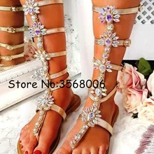 Блестящие сандалии на плоской подошве в богемном стиле; летние высокие сапоги с кристаллами; женская обувь; сандалии-гладиаторы до колена со стразами
