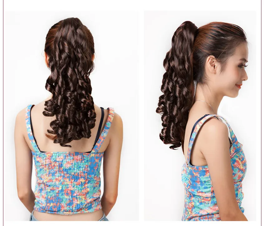 Ceny Gres Curly Women Clip in kucyk wysokiej temperatury włókna bordowym kolorze treski z spinkami syntetyczne do przedłużania włosów