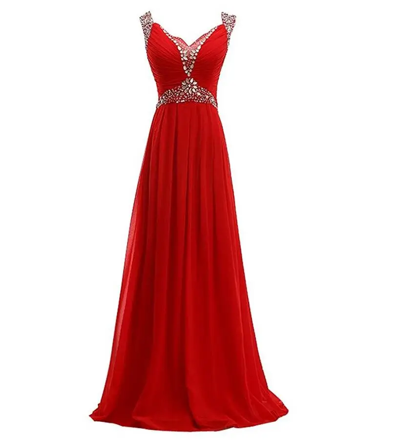 A line Red Prom Gowns Stones Capped Sleeves Pleat Chiffon Long